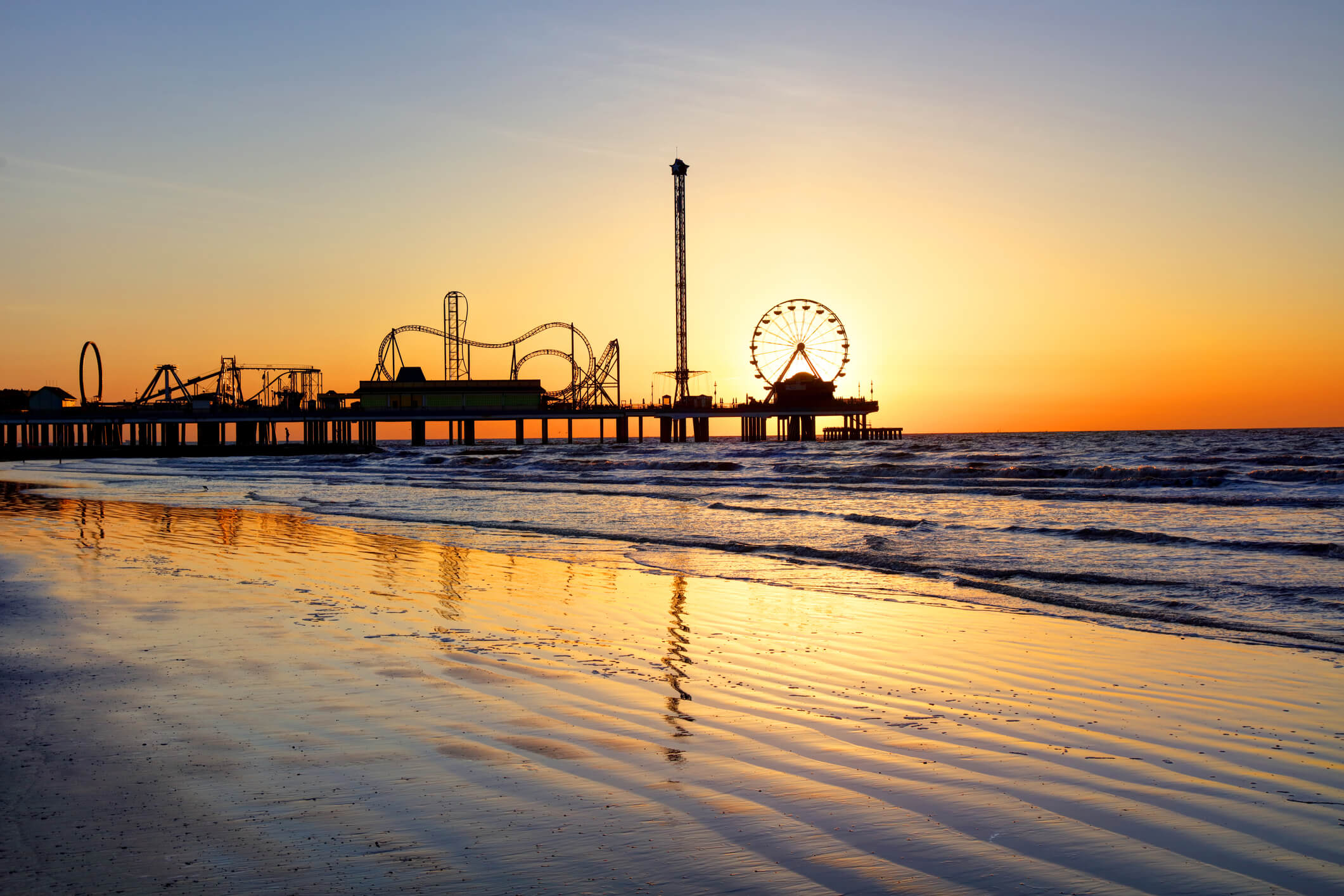 Galveston Beach Boardwalk at Sunset